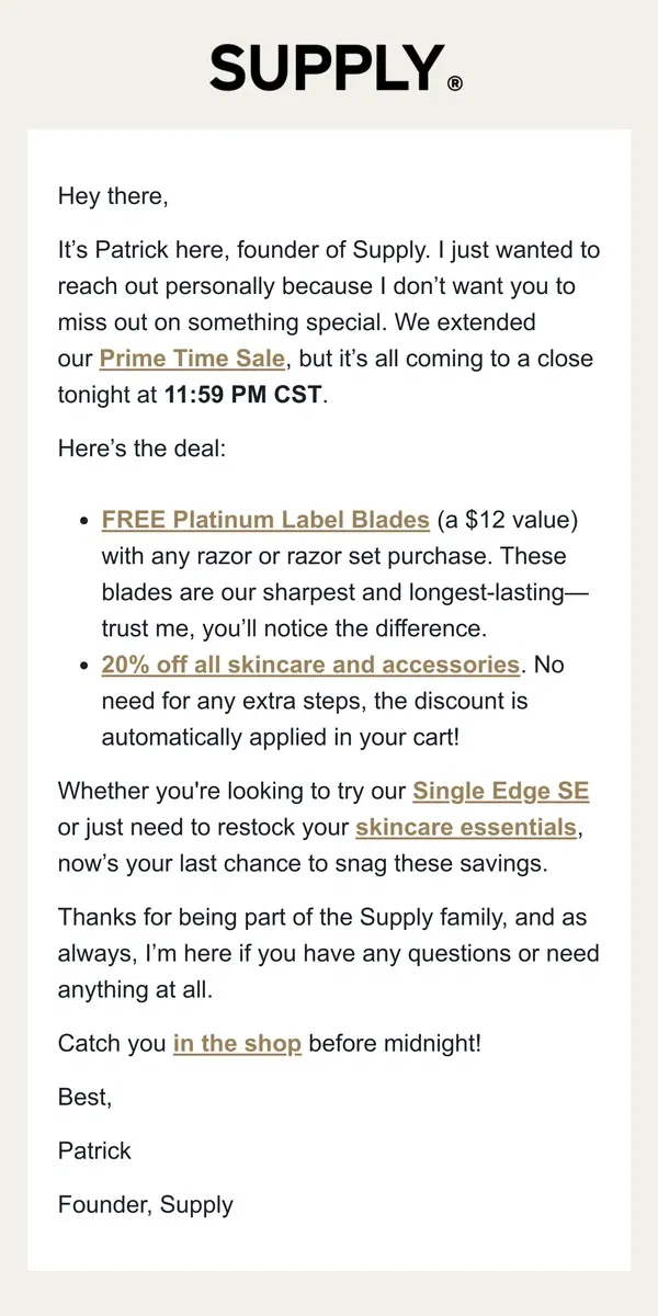 Email from Supply. Extended: Prime Time Sale