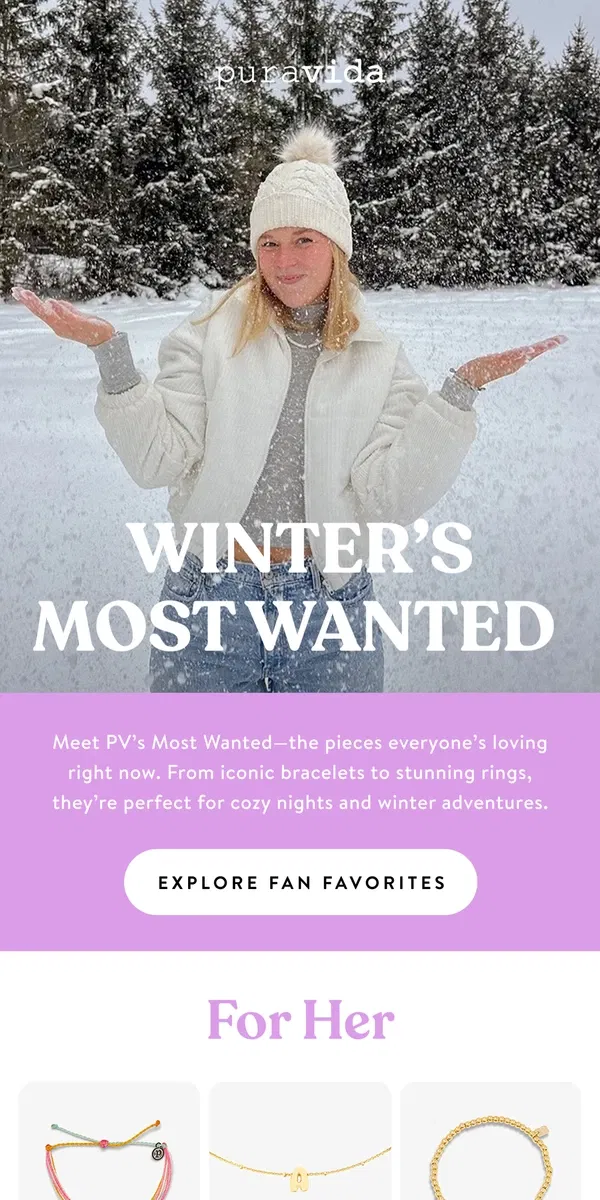 Email from Pura Vida Bracelets. Winter’s Hottest Fits