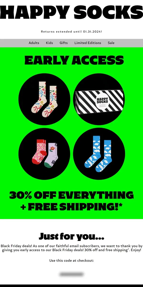 Email from Happy Socks. Early Access: 30% Off, Just for You!