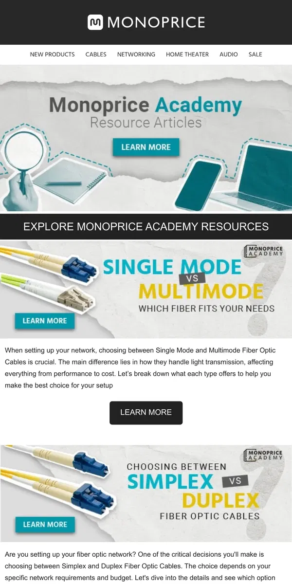 Email from Monoprice. Monoprice Academy: Your Guide to Fiber Optic Cables