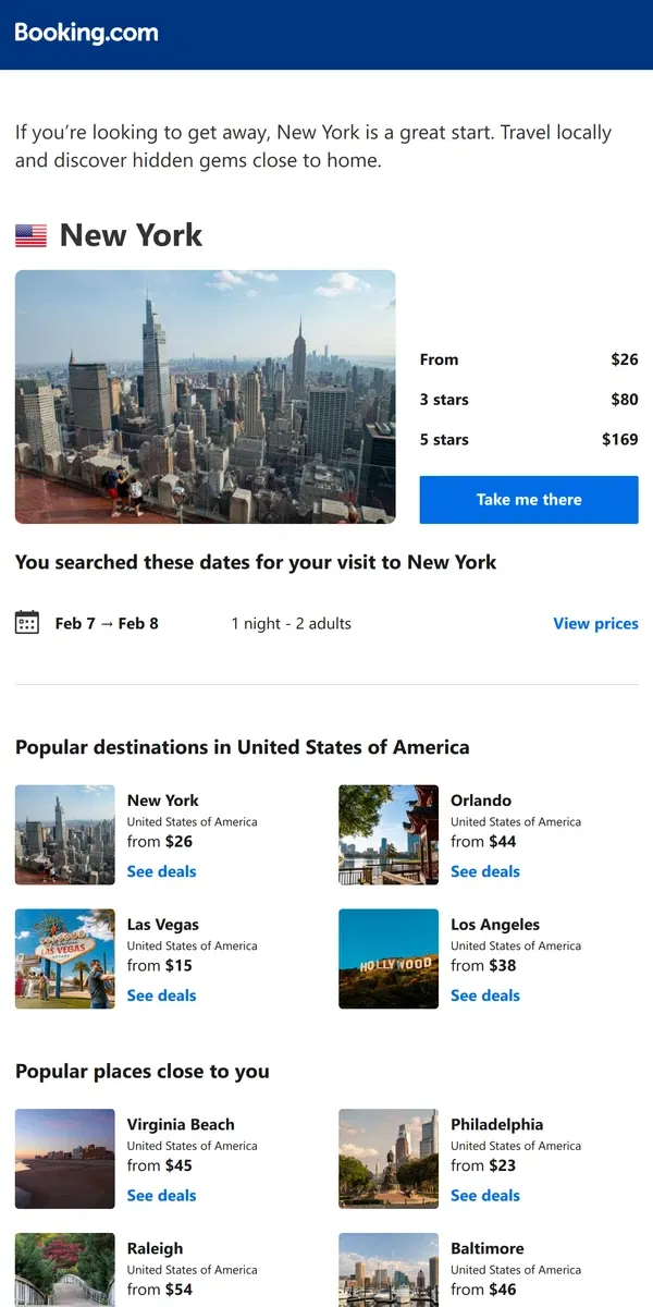 Email from Booking.com. Deals in New York from $26 for February