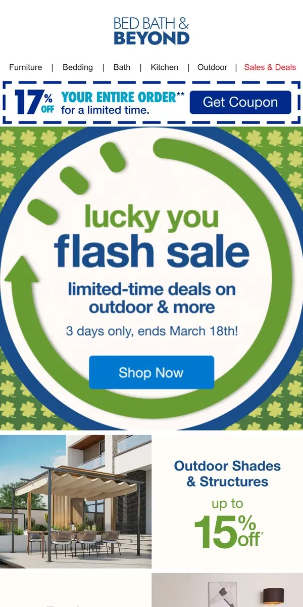 Email from Bed Bath & Beyond. Shop the Lucky You Flash Sale Now 🍀