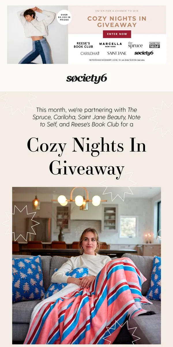 Email from Society6. Win the Cozy Nights In Giveaway!