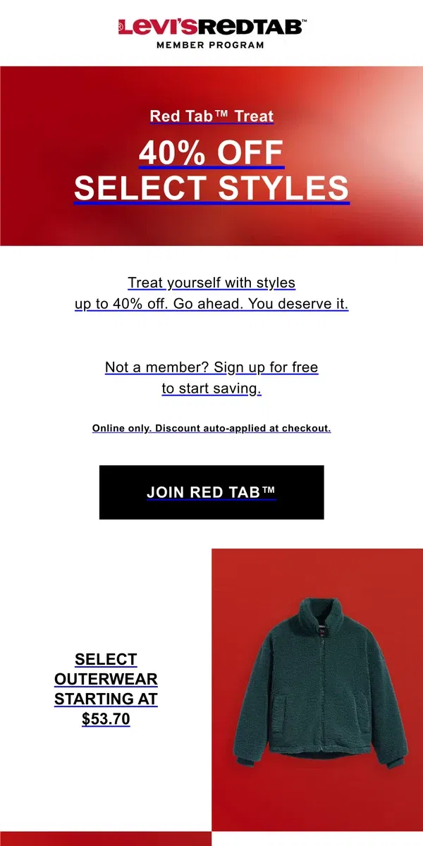 Email from Levi's. Take 40% off select styles