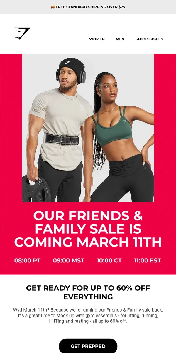 Email from Gymshark. Friends & Family sale coming BACK