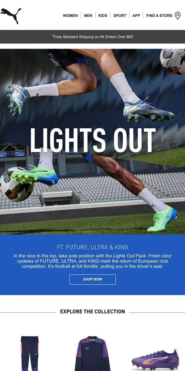 Email from Puma. New In Soccer: The Lights Out Pack