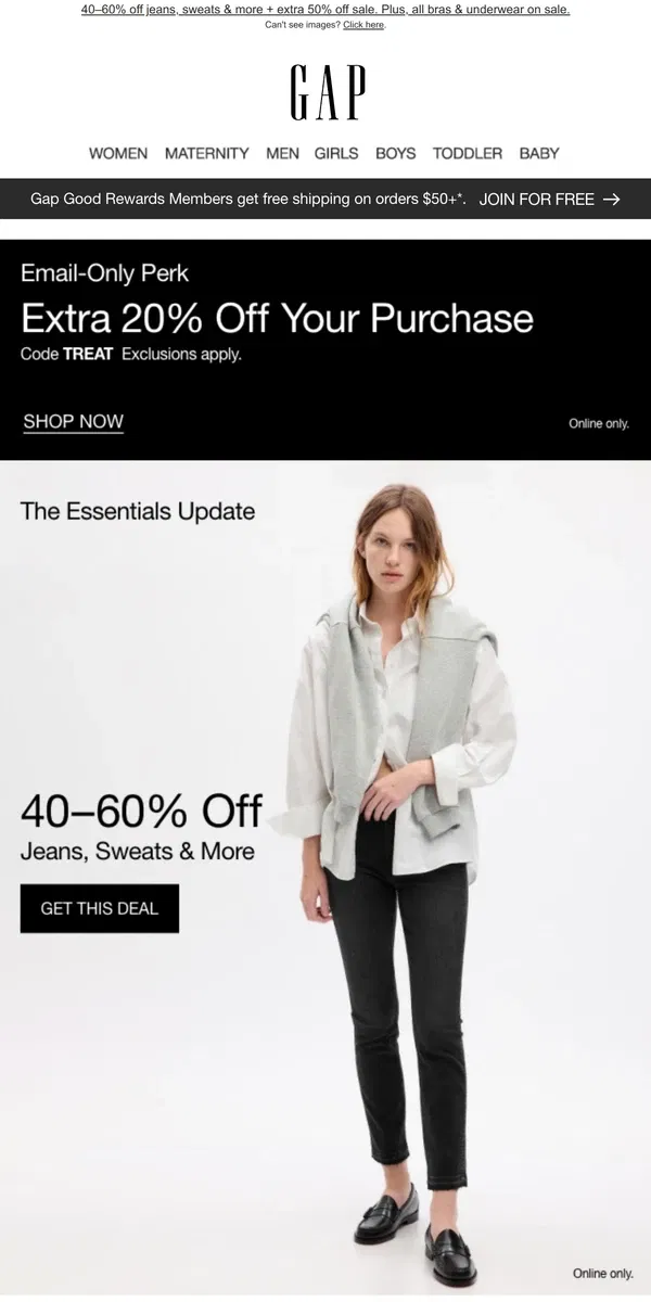 Email from GAP. You've lucked out with 40–60% off & an exclusive BONUS deal