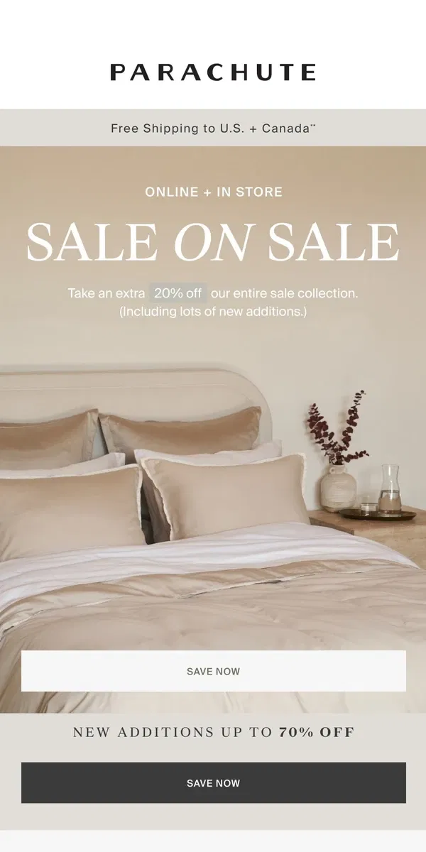 Email from Parachute Home. Heyyyy, Up To 70% Off Happening Now