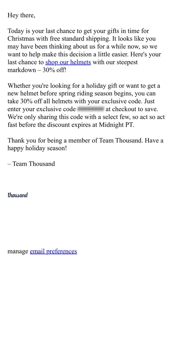 Email from Thousand Helmets . Today Only: 30% Off (just for you)