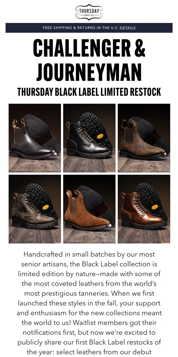 Email from Thursday Boot Company. Black Label Restocks: Challenger & Journeyman!