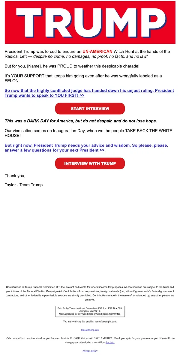 Email from Donald J. Trump. President Trump wants to speak with you first!