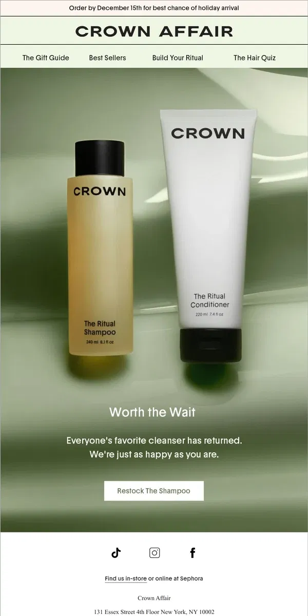 Email from Crowns Affair. It's Back: The Ritual Shampoo