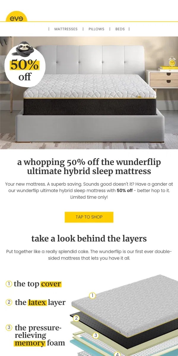 Email from Eve Sleep. 50% off your dream mattress ☁️