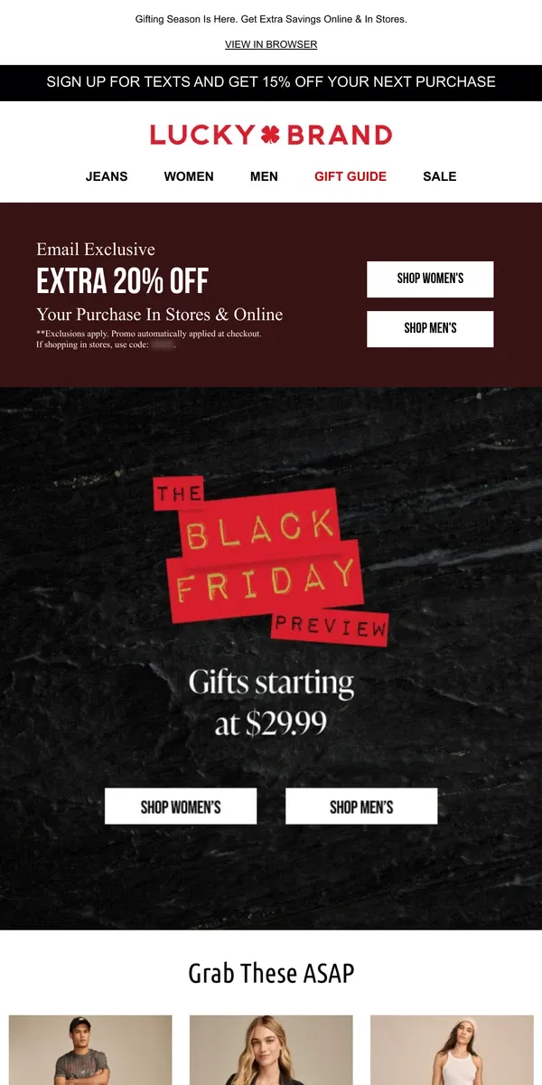 Email from Lucky Brand. Black Friday Preview: $29.99 Gifts + 20% Off Going On Now