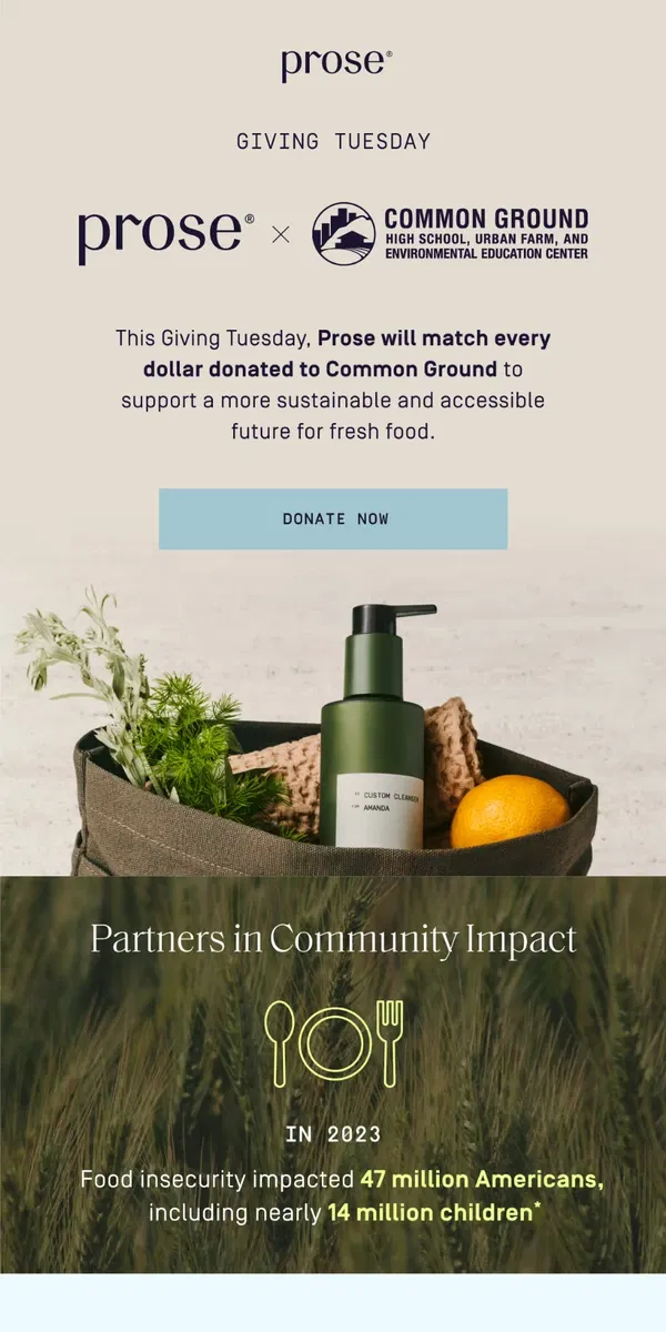 Email from Prose. Giving Tuesday: Help end food insecurity