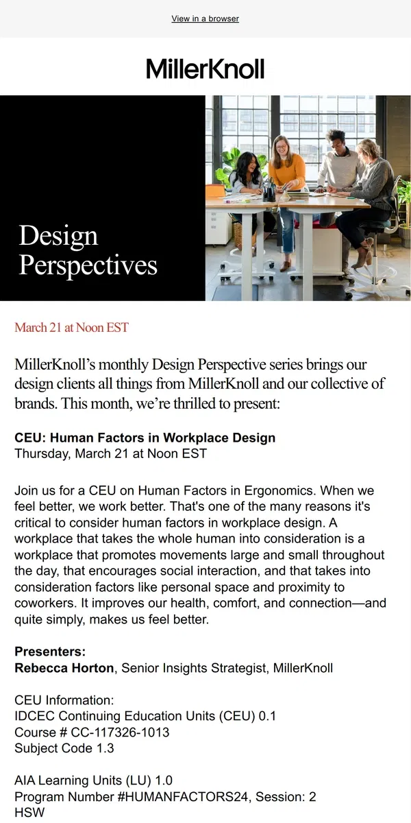 Email from Herman Miller. Reminder: Join Us on March 21 for MillerKnoll’s Design Perspectives Series