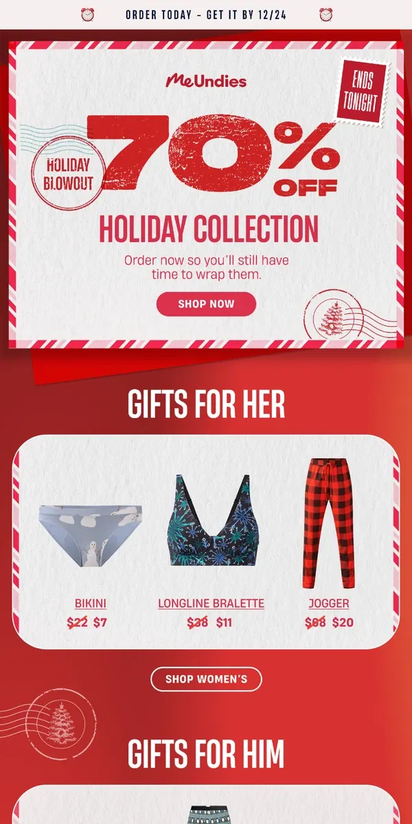 Email from MeUndies. 🚨 Last Chance: 70% off the Holiday Collection