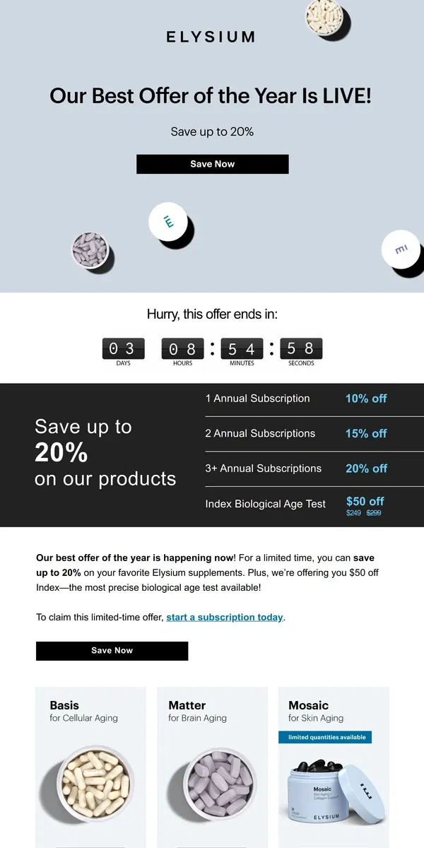 Email from Elysium Health. Savings up to 20%? All yours 🤝