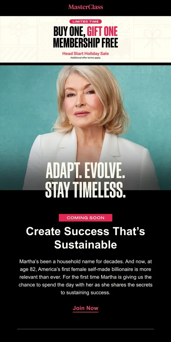 Email from Masterclass. Coming Soon: Martha Stewart’s Secret to Success