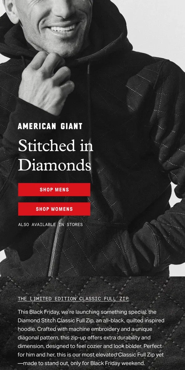 Email from American Giant. Limited Diamond Stitch Classic Full Zip