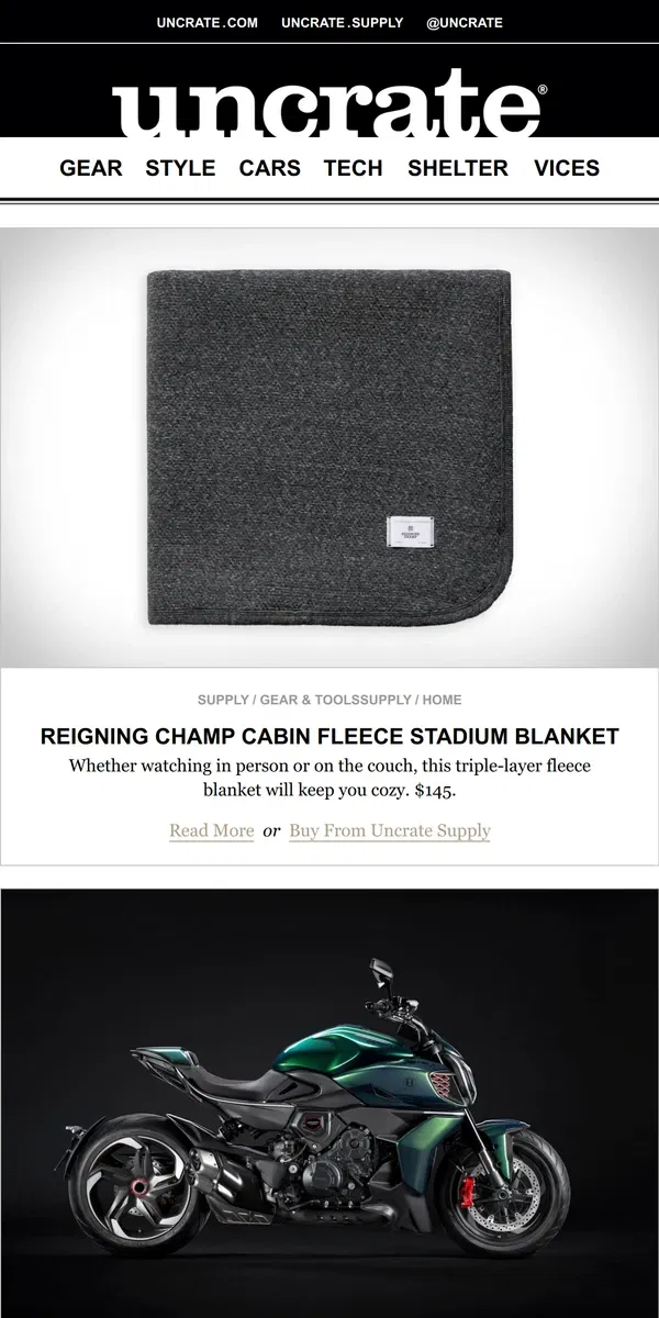 Email from Uncrate. Reigning Champ Cabin Fleece Stadium Blanket & more