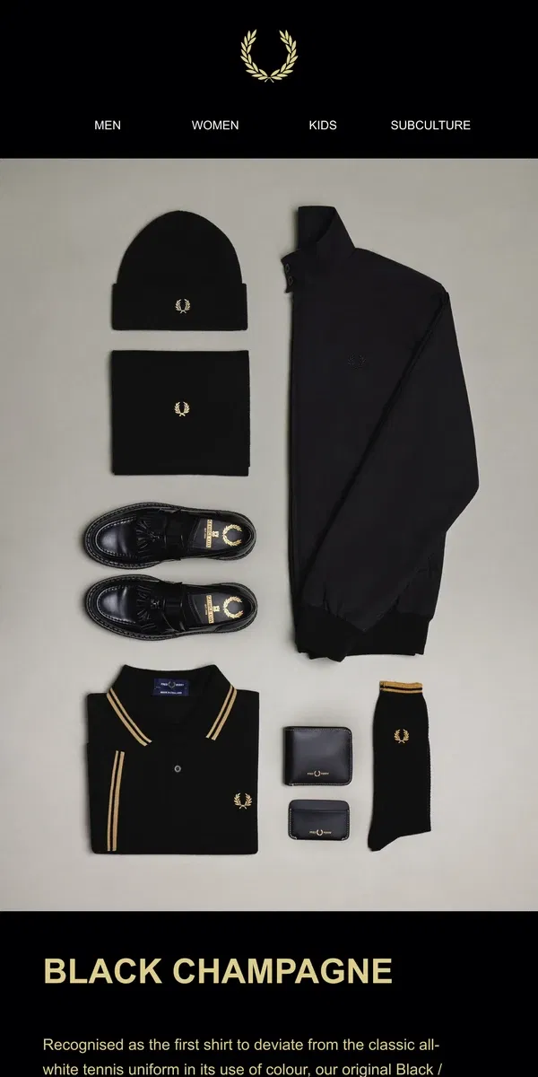 Email from Fred Perry. Black / Champagne / Champagne