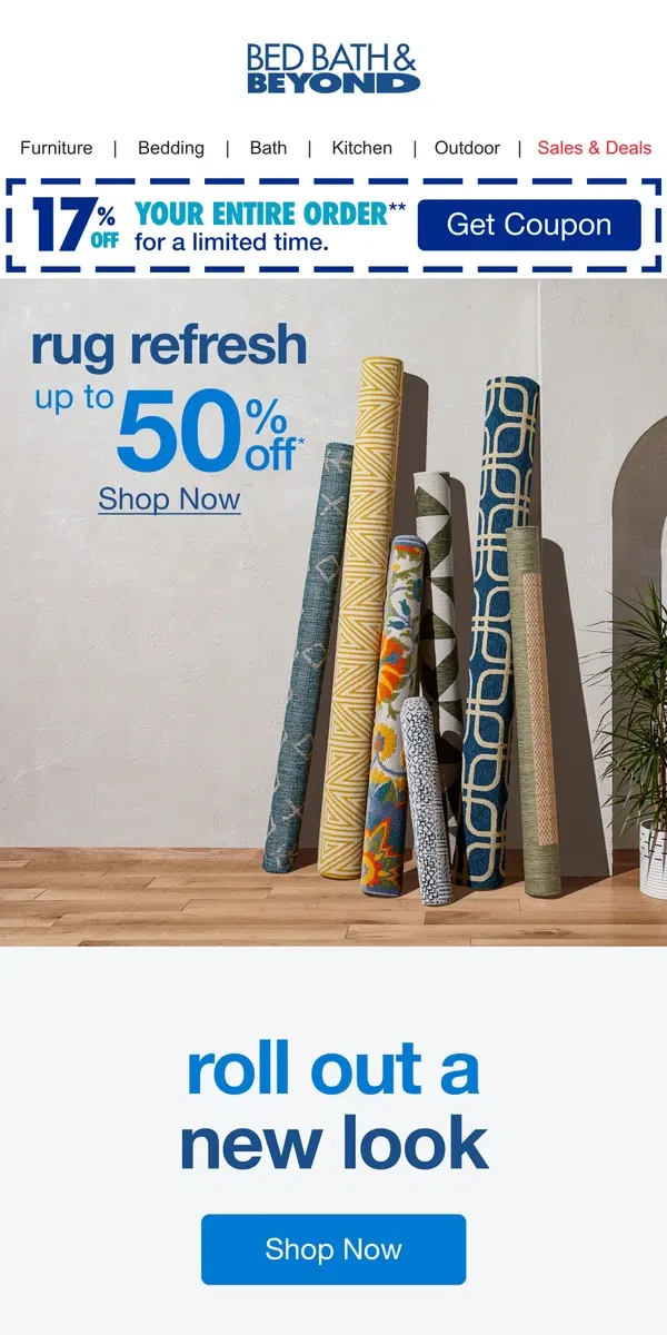 Email from Bed Bath & Beyond. Freshen Things up With up to 50% off a New Rug ✨