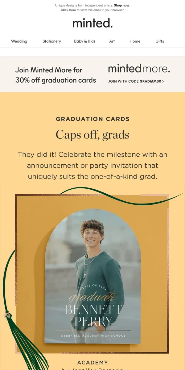 Email from Minted. Ready, set, celebrate the grad