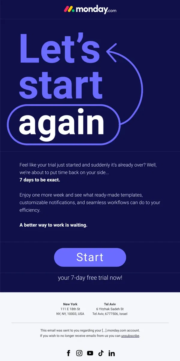 Email from monday.com. One more week of monday.com, on us