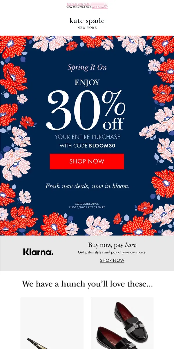 Email from Kate Spade. An extra 30% off your entire purchase is waiting