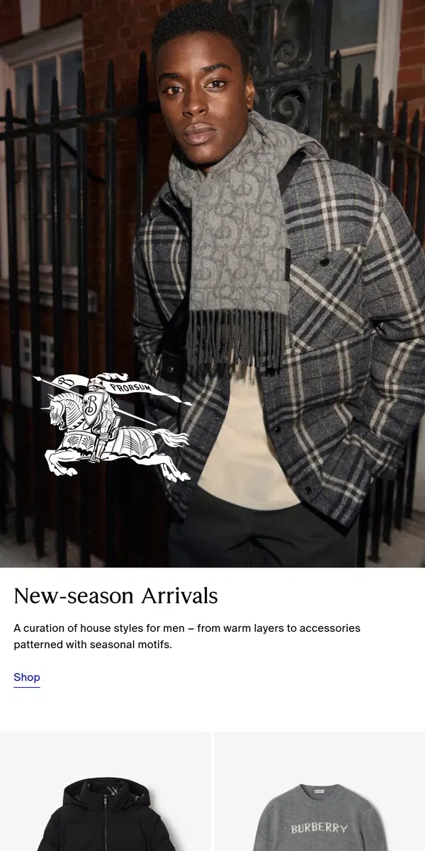 Email from Burberry. New in: the latest jackets, knitwear and shoes