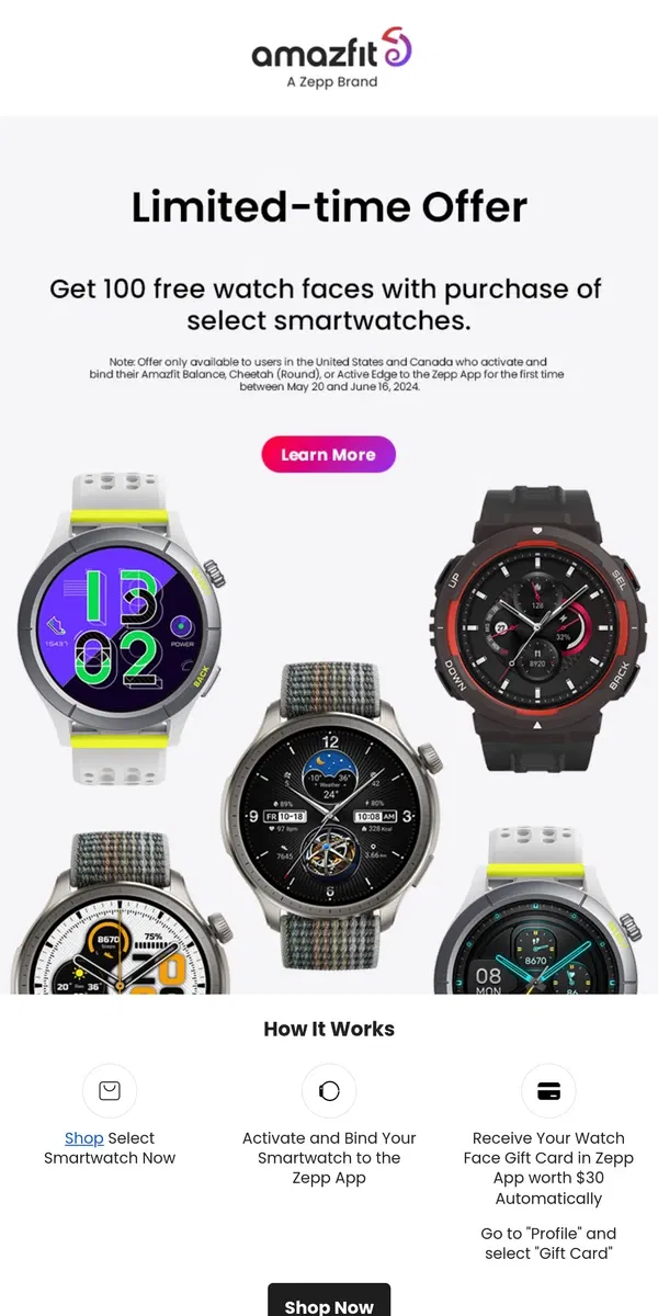 Email from Amazfit. Limited-time Offer: Get 100 Free Watch Faces on Select Smartwatches