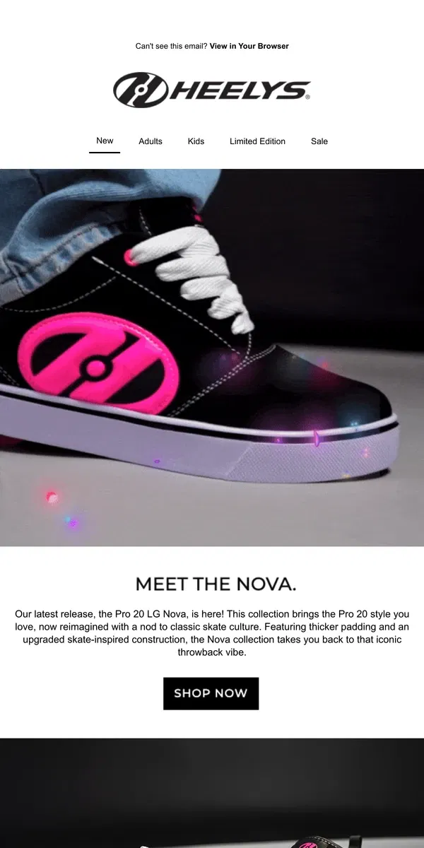 Email from Heelys. New Pro 20 LG Nova: A Tribute to OG Skate.