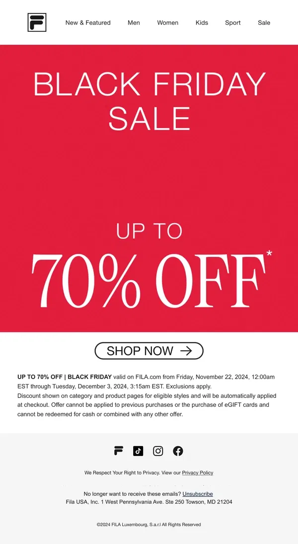 Email from FILA. Black Friday Is Here