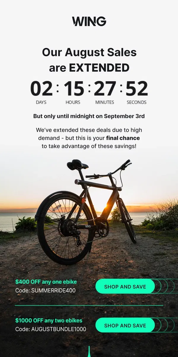 Email from Wing Bikes. BIG NEWS! August Sales Extended