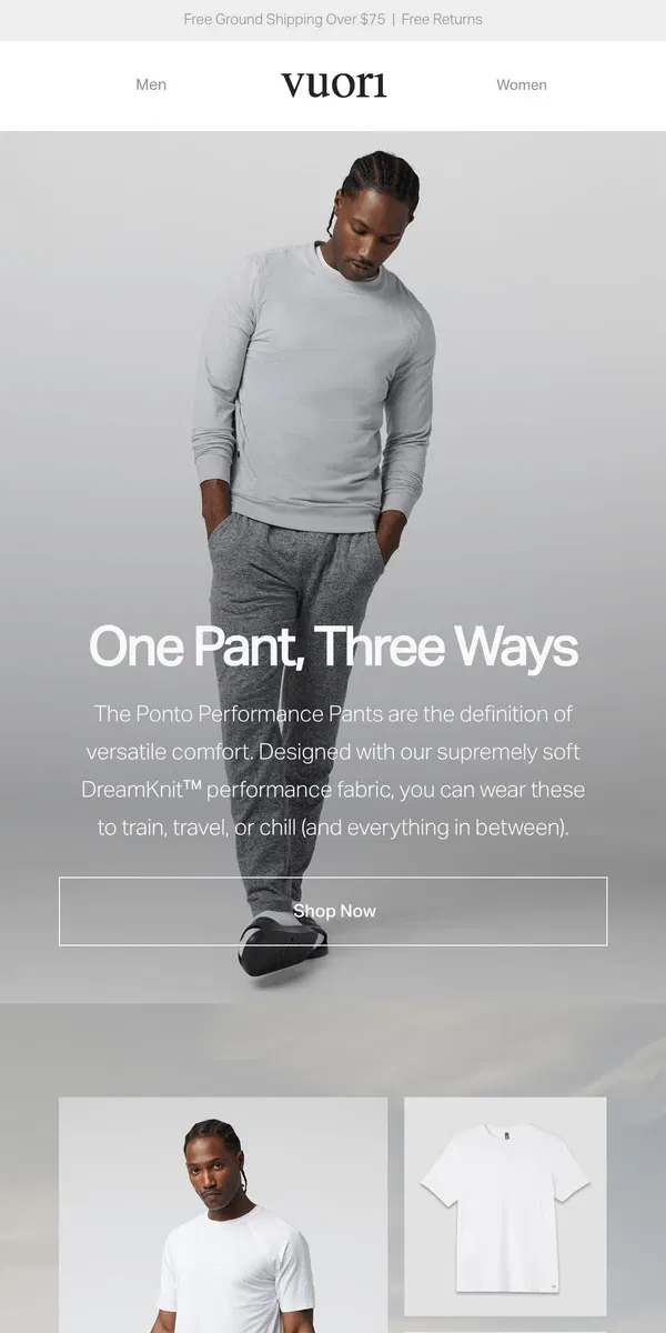 Email from Vuori. How To Style: Ponto Performance Pant