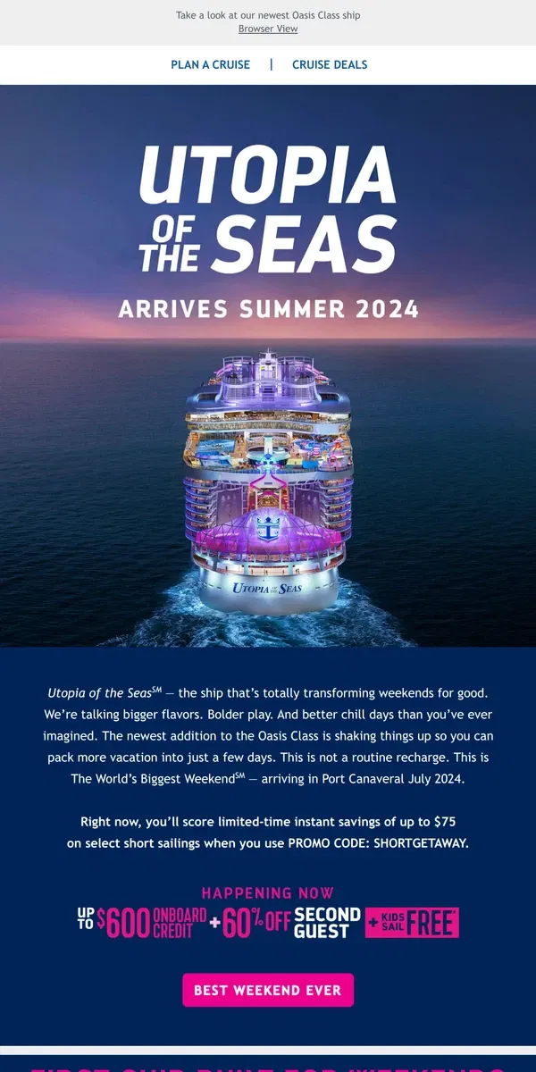 Email from Royal Caribbean. Utopia of the Seas goes BIG on bragworthy