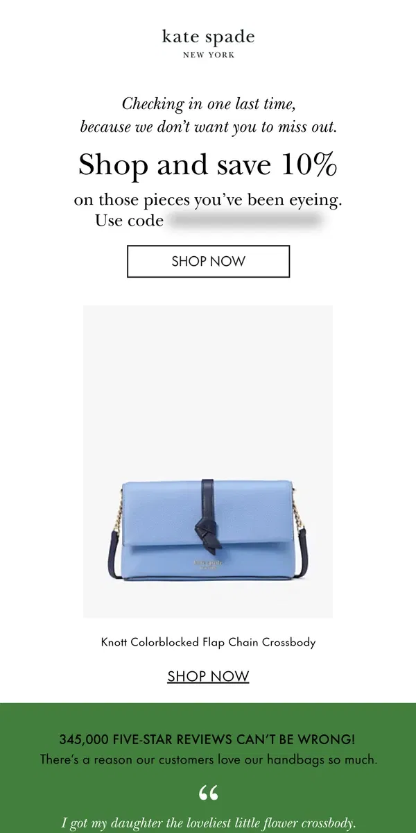 Email from Kate Spade. Last chance: take 10% off this special style