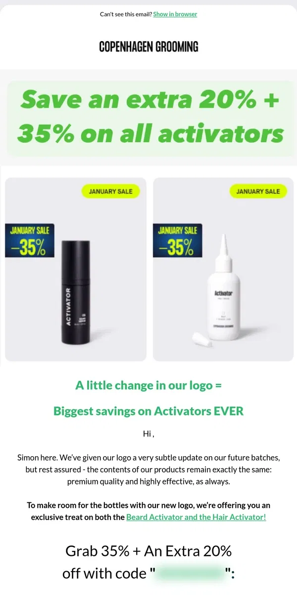 Email from Copenhagen Grooming. Cheapest activators ever