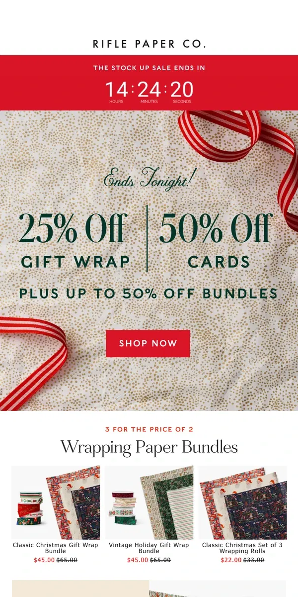 Email from Rifle Paper Co.. ENDS TONIGHT: 25% off Gift Wrap | Up to 50% off Cards