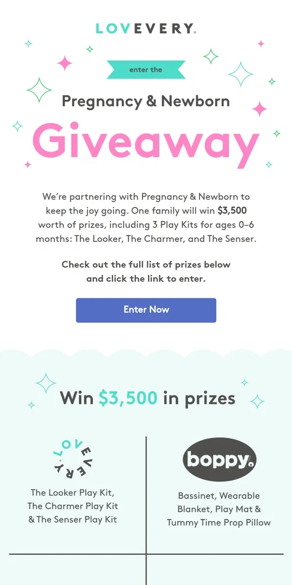 Email from Lovevery. Enter the Pregnancy & Newborn Giveaway 🎉