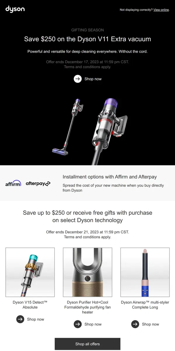 Email from Dyson. Limited time offer. Save $250 on the Dyson V11 Extra vacuum.