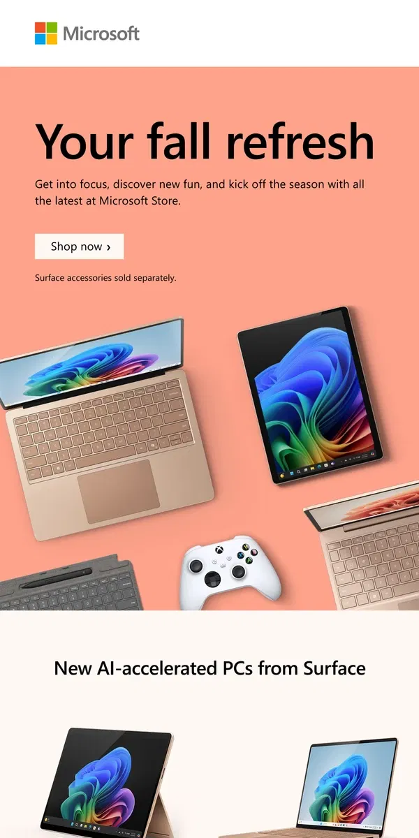 Email from Microsoft Store.      New this fall 🍁: Surface, Xbox, and games