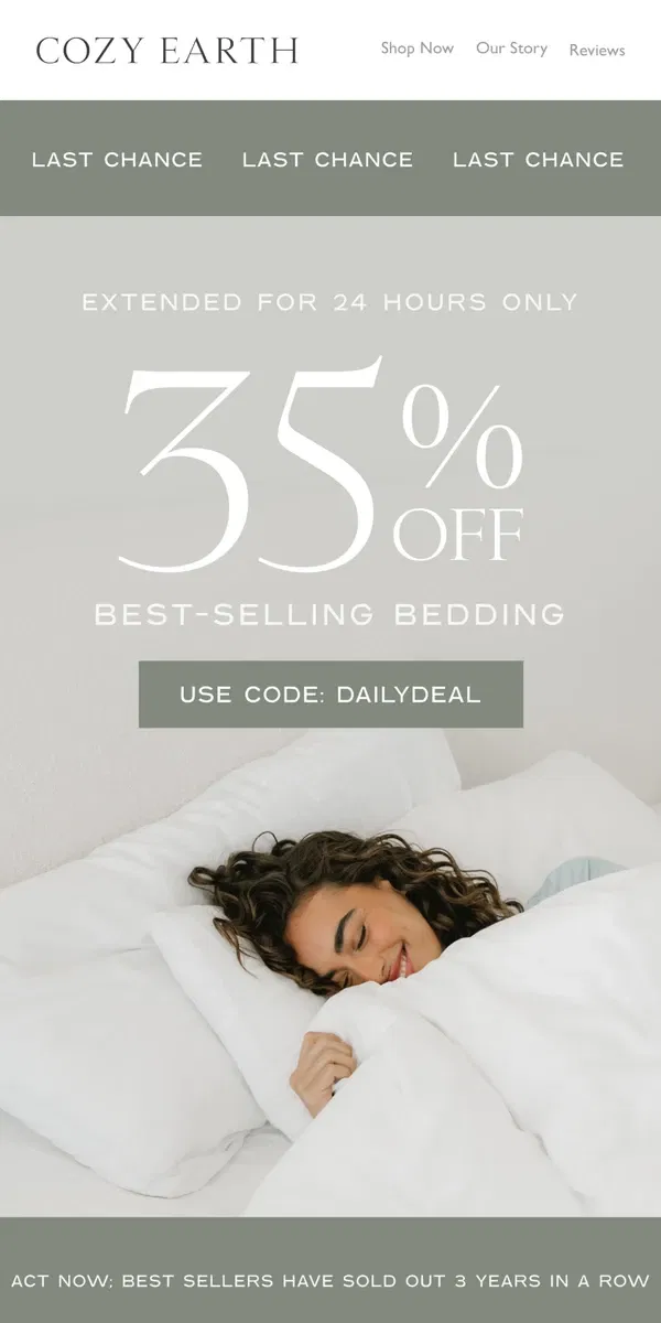 Email from Cozy Earth. 35% Off ALL Bedding IS BACK