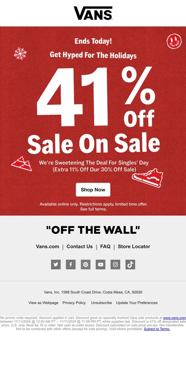 Email from Vans. One Day Only! 41% Off Sale on Sale