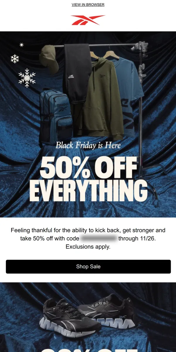 Email from Reebok. A Turkey Day treat: 50% off inside 🥧