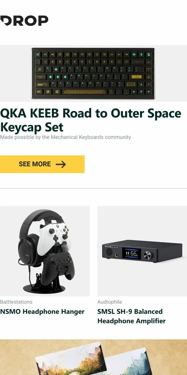 Email from Drop. QKA KEEB Road to Outer Space Keycap Set, NSMO Headphone Hanger, SMSL SH-9 Balanced Headphone Amplifier and more...