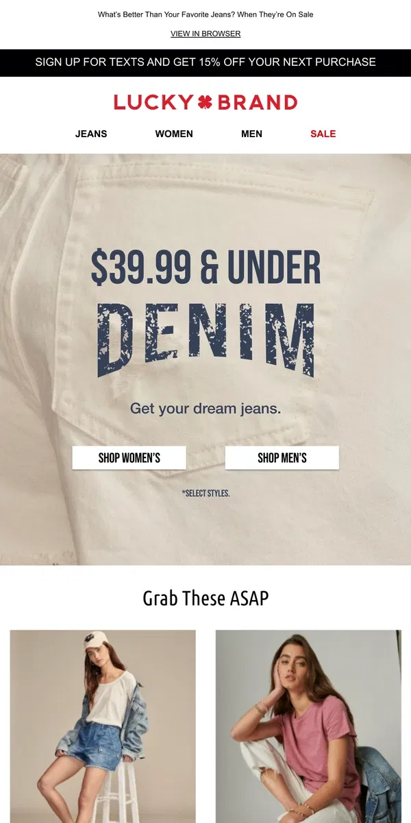 Email from Lucky Brand. Get Your Fave Jeans For Only $39.99