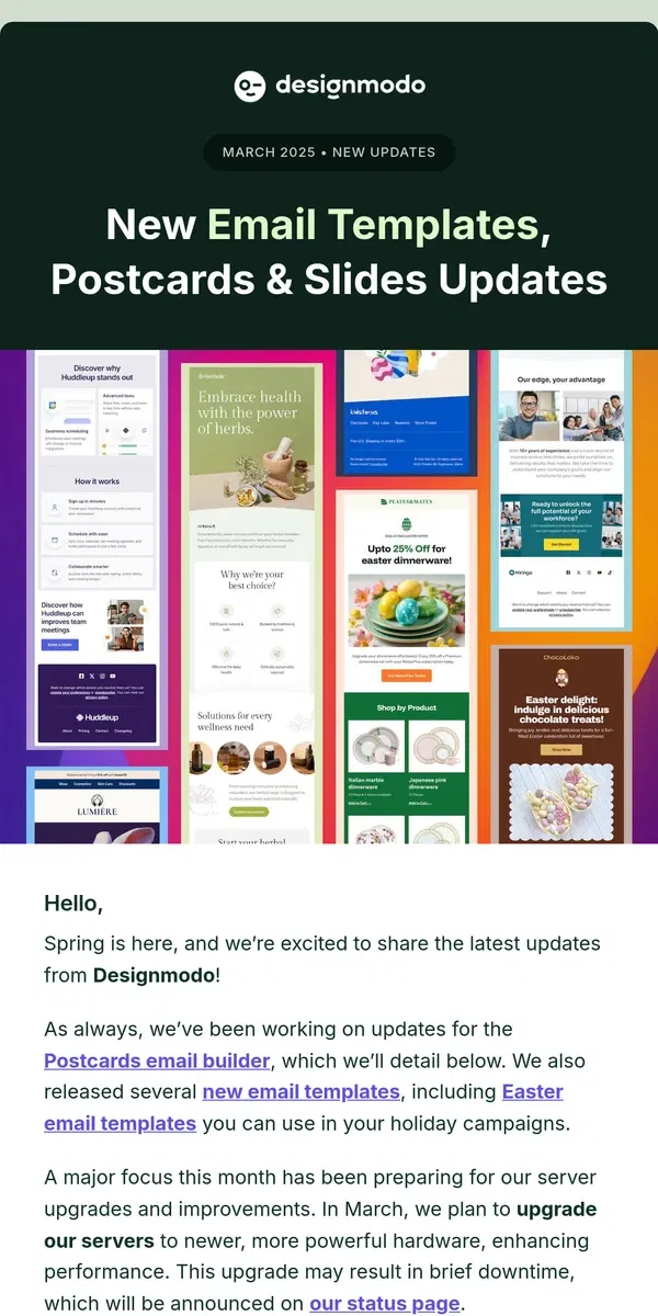 Email from Designmodo. New Email Templates, Postcards & Slides Updates