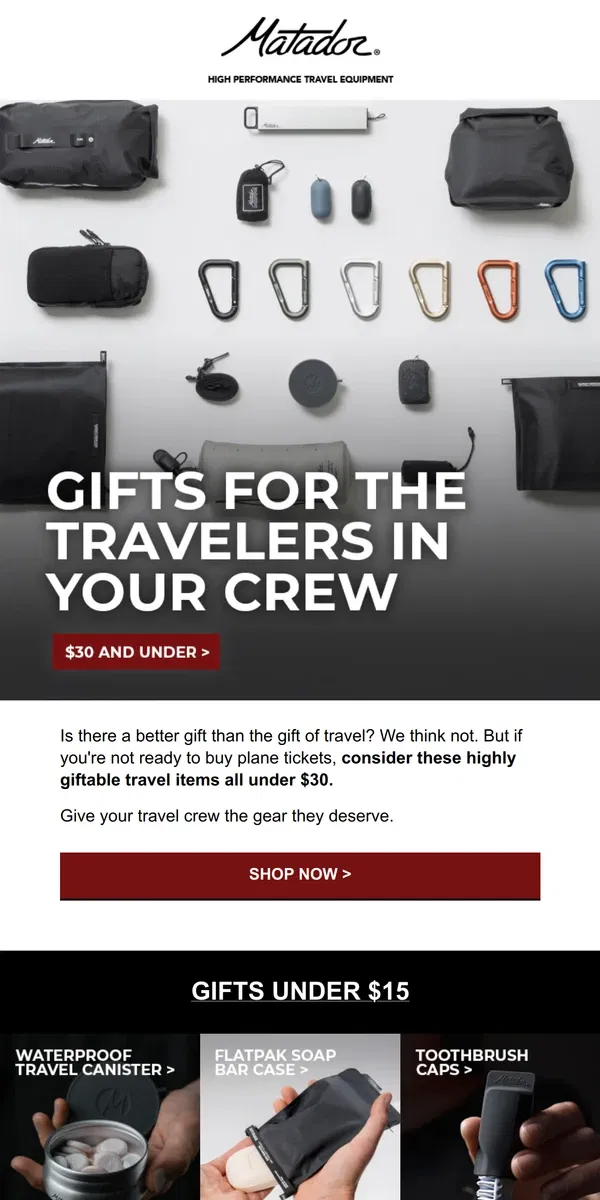 Email from Matador. Quality Gifts under $30